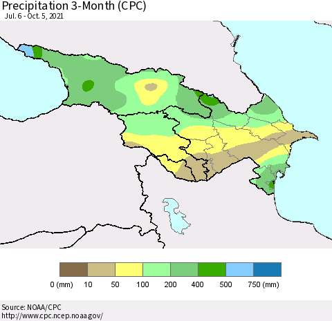 Azerbaijan, Armenia and Georgia Precipitation 3-Month (CPC) Thematic Map For 7/6/2021 - 10/5/2021