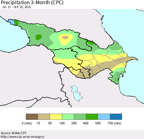Azerbaijan, Armenia and Georgia Precipitation 3-Month (CPC) Thematic Map For 7/11/2021 - 10/10/2021