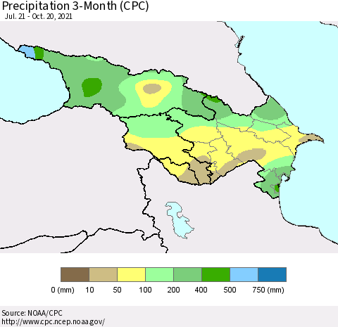 Azerbaijan, Armenia and Georgia Precipitation 3-Month (CPC) Thematic Map For 7/21/2021 - 10/20/2021