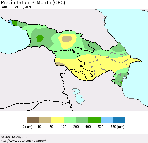 Azerbaijan, Armenia and Georgia Precipitation 3-Month (CPC) Thematic Map For 8/1/2021 - 10/31/2021
