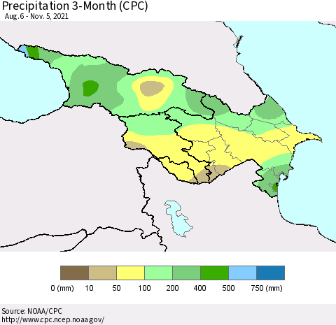 Azerbaijan, Armenia and Georgia Precipitation 3-Month (CPC) Thematic Map For 8/6/2021 - 11/5/2021