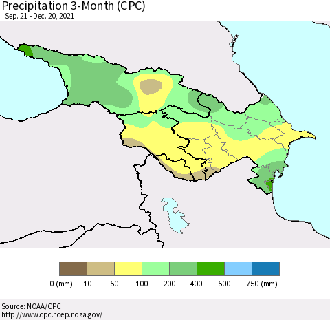 Azerbaijan, Armenia and Georgia Precipitation 3-Month (CPC) Thematic Map For 9/21/2021 - 12/20/2021
