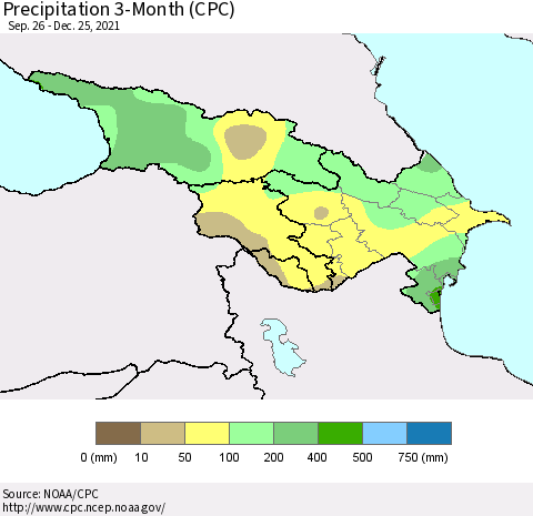Azerbaijan, Armenia and Georgia Precipitation 3-Month (CPC) Thematic Map For 9/26/2021 - 12/25/2021