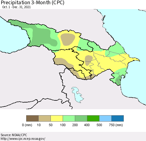 Azerbaijan, Armenia and Georgia Precipitation 3-Month (CPC) Thematic Map For 10/1/2021 - 12/31/2021