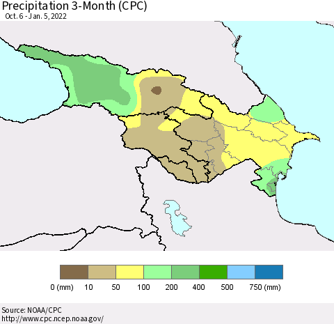 Azerbaijan, Armenia and Georgia Precipitation 3-Month (CPC) Thematic Map For 10/6/2021 - 1/5/2022