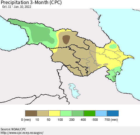 Azerbaijan, Armenia and Georgia Precipitation 3-Month (CPC) Thematic Map For 10/11/2021 - 1/10/2022