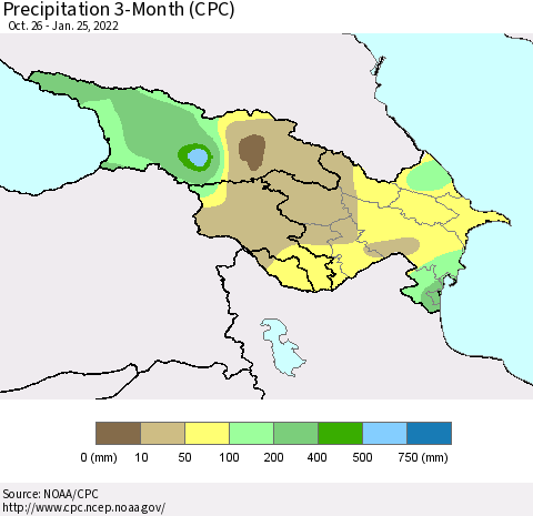 Azerbaijan, Armenia and Georgia Precipitation 3-Month (CPC) Thematic Map For 10/26/2021 - 1/25/2022