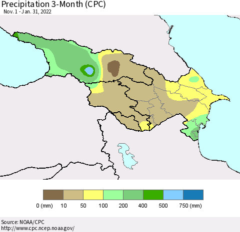 Azerbaijan, Armenia and Georgia Precipitation 3-Month (CPC) Thematic Map For 11/1/2021 - 1/31/2022