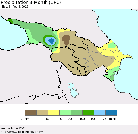 Azerbaijan, Armenia and Georgia Precipitation 3-Month (CPC) Thematic Map For 11/6/2021 - 2/5/2022