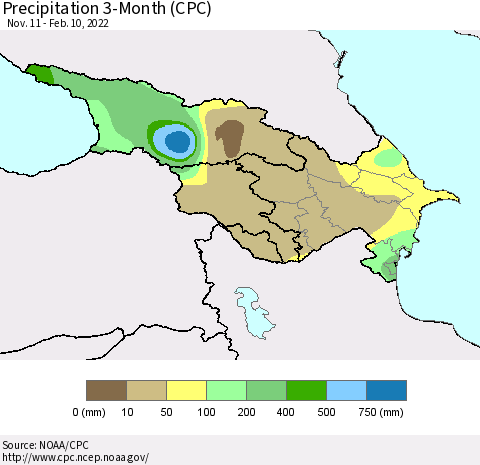 Azerbaijan, Armenia and Georgia Precipitation 3-Month (CPC) Thematic Map For 11/11/2021 - 2/10/2022