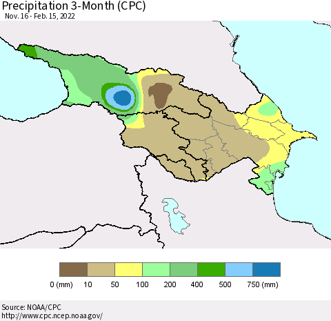 Azerbaijan, Armenia and Georgia Precipitation 3-Month (CPC) Thematic Map For 11/16/2021 - 2/15/2022