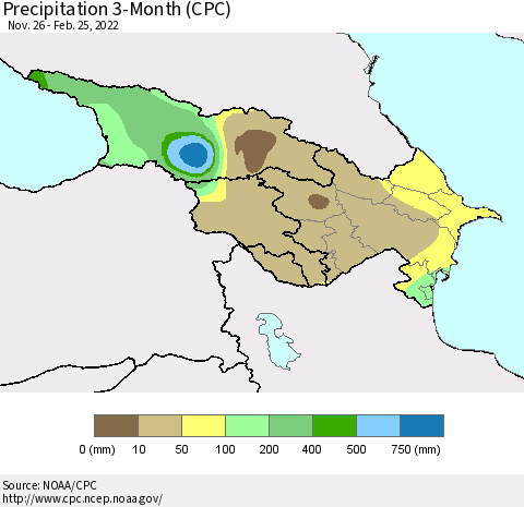 Azerbaijan, Armenia and Georgia Precipitation 3-Month (CPC) Thematic Map For 11/26/2021 - 2/25/2022