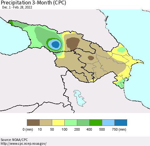 Azerbaijan, Armenia and Georgia Precipitation 3-Month (CPC) Thematic Map For 12/1/2021 - 2/28/2022