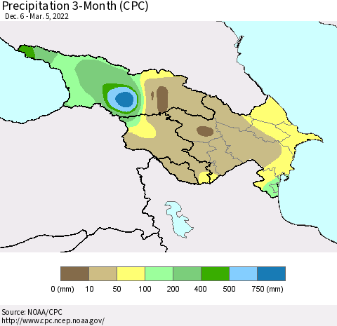 Azerbaijan, Armenia and Georgia Precipitation 3-Month (CPC) Thematic Map For 12/6/2021 - 3/5/2022
