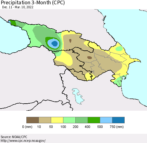 Azerbaijan, Armenia and Georgia Precipitation 3-Month (CPC) Thematic Map For 12/11/2021 - 3/10/2022