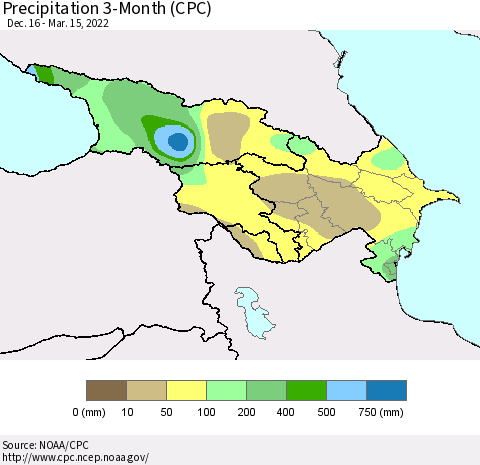 Azerbaijan, Armenia and Georgia Precipitation 3-Month (CPC) Thematic Map For 12/16/2021 - 3/15/2022