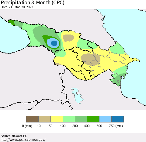 Azerbaijan, Armenia and Georgia Precipitation 3-Month (CPC) Thematic Map For 12/21/2021 - 3/20/2022