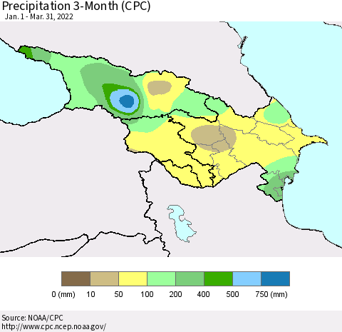 Azerbaijan, Armenia and Georgia Precipitation 3-Month (CPC) Thematic Map For 1/1/2022 - 3/31/2022
