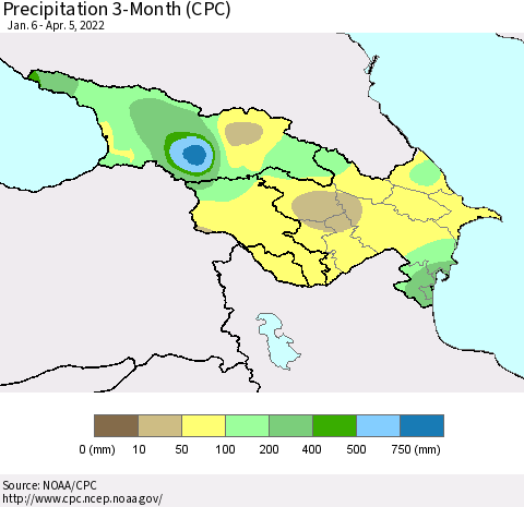 Azerbaijan, Armenia and Georgia Precipitation 3-Month (CPC) Thematic Map For 1/6/2022 - 4/5/2022