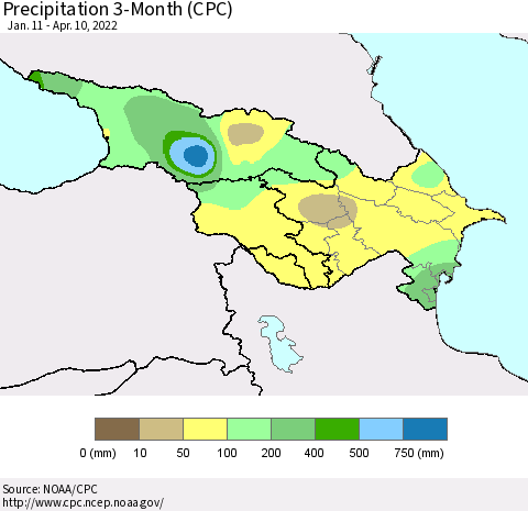 Azerbaijan, Armenia and Georgia Precipitation 3-Month (CPC) Thematic Map For 1/11/2022 - 4/10/2022