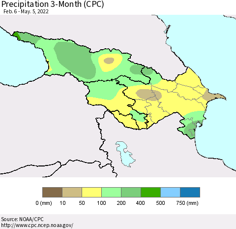 Azerbaijan, Armenia and Georgia Precipitation 3-Month (CPC) Thematic Map For 2/6/2022 - 5/5/2022