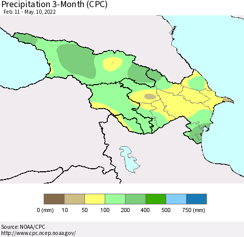 Azerbaijan, Armenia and Georgia Precipitation 3-Month (CPC) Thematic Map For 2/11/2022 - 5/10/2022