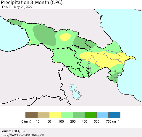 Azerbaijan, Armenia and Georgia Precipitation 3-Month (CPC) Thematic Map For 2/21/2022 - 5/20/2022