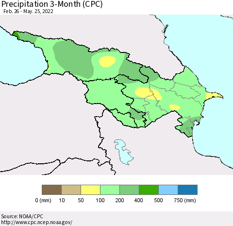 Azerbaijan, Armenia and Georgia Precipitation 3-Month (CPC) Thematic Map For 2/26/2022 - 5/25/2022