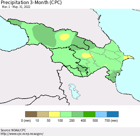 Azerbaijan, Armenia and Georgia Precipitation 3-Month (CPC) Thematic Map For 3/1/2022 - 5/31/2022