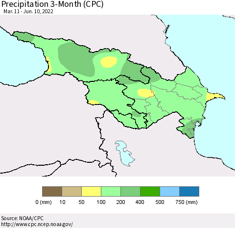 Azerbaijan, Armenia and Georgia Precipitation 3-Month (CPC) Thematic Map For 3/11/2022 - 6/10/2022