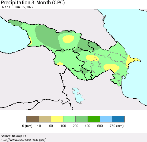 Azerbaijan, Armenia and Georgia Precipitation 3-Month (CPC) Thematic Map For 3/16/2022 - 6/15/2022
