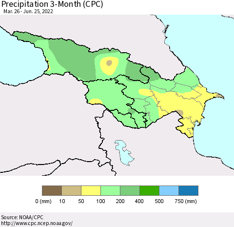 Azerbaijan, Armenia and Georgia Precipitation 3-Month (CPC) Thematic Map For 3/26/2022 - 6/25/2022