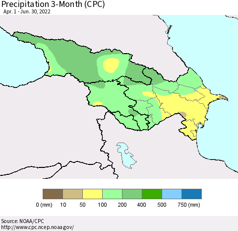 Azerbaijan, Armenia and Georgia Precipitation 3-Month (CPC) Thematic Map For 4/1/2022 - 6/30/2022