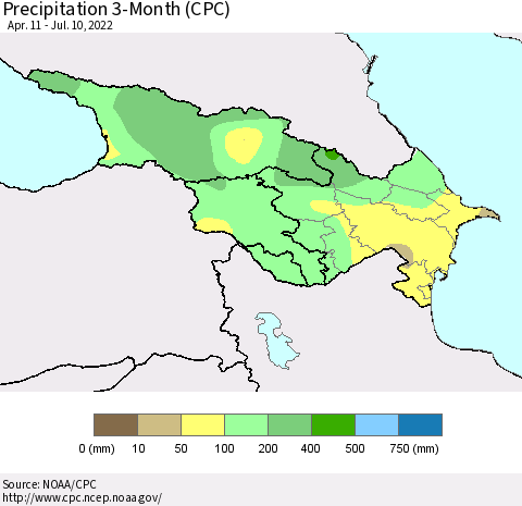 Azerbaijan, Armenia and Georgia Precipitation 3-Month (CPC) Thematic Map For 4/11/2022 - 7/10/2022