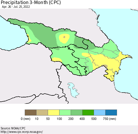 Azerbaijan, Armenia and Georgia Precipitation 3-Month (CPC) Thematic Map For 4/26/2022 - 7/25/2022