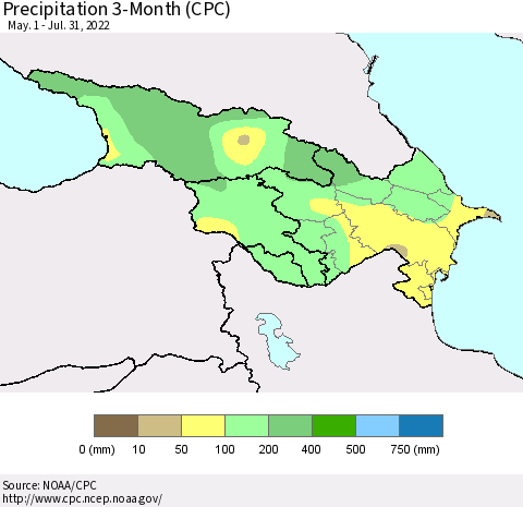 Azerbaijan, Armenia and Georgia Precipitation 3-Month (CPC) Thematic Map For 5/1/2022 - 7/31/2022