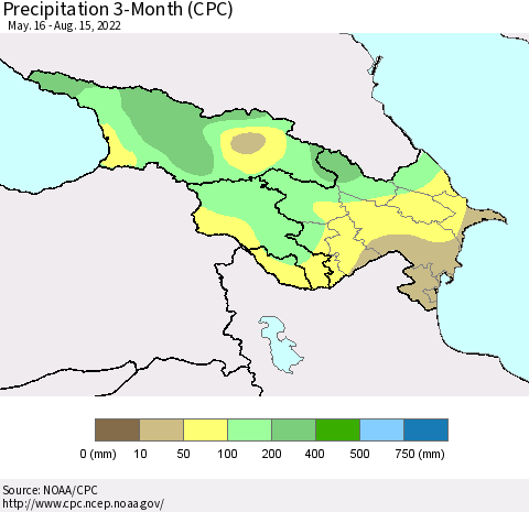Azerbaijan, Armenia and Georgia Precipitation 3-Month (CPC) Thematic Map For 5/16/2022 - 8/15/2022