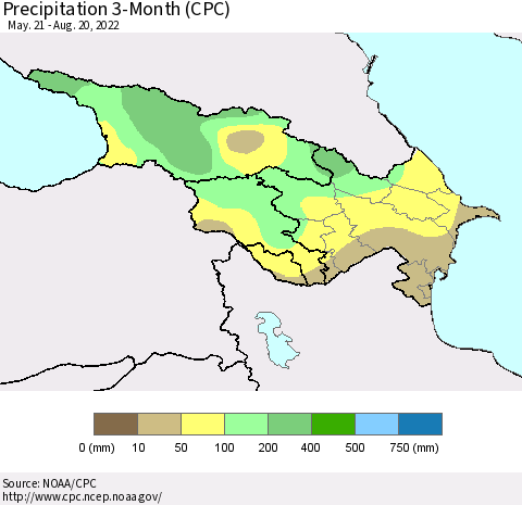 Azerbaijan, Armenia and Georgia Precipitation 3-Month (CPC) Thematic Map For 5/21/2022 - 8/20/2022