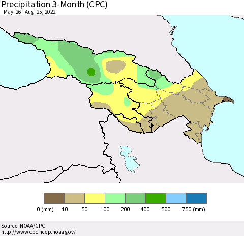 Azerbaijan, Armenia and Georgia Precipitation 3-Month (CPC) Thematic Map For 5/26/2022 - 8/25/2022