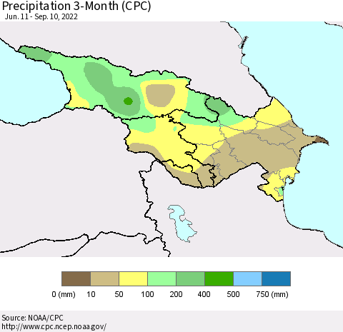Azerbaijan, Armenia and Georgia Precipitation 3-Month (CPC) Thematic Map For 6/11/2022 - 9/10/2022