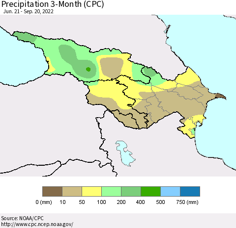 Azerbaijan, Armenia and Georgia Precipitation 3-Month (CPC) Thematic Map For 6/21/2022 - 9/20/2022