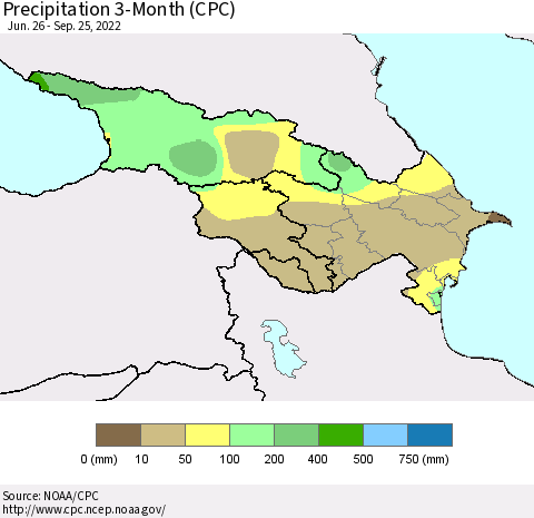 Azerbaijan, Armenia and Georgia Precipitation 3-Month (CPC) Thematic Map For 6/26/2022 - 9/25/2022