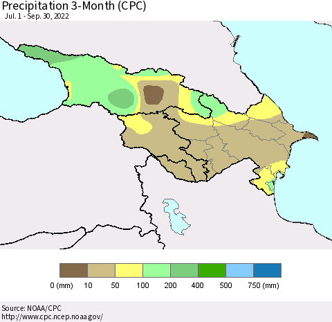 Azerbaijan, Armenia and Georgia Precipitation 3-Month (CPC) Thematic Map For 7/1/2022 - 9/30/2022