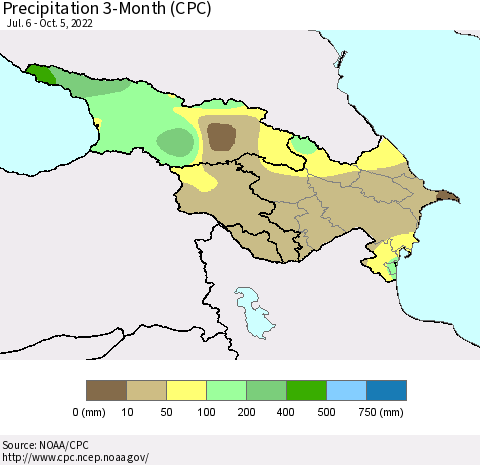 Azerbaijan, Armenia and Georgia Precipitation 3-Month (CPC) Thematic Map For 7/6/2022 - 10/5/2022