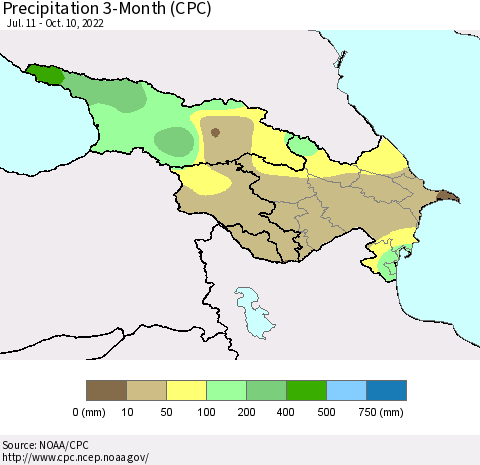 Azerbaijan, Armenia and Georgia Precipitation 3-Month (CPC) Thematic Map For 7/11/2022 - 10/10/2022