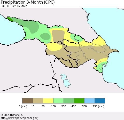 Azerbaijan, Armenia and Georgia Precipitation 3-Month (CPC) Thematic Map For 7/16/2022 - 10/15/2022