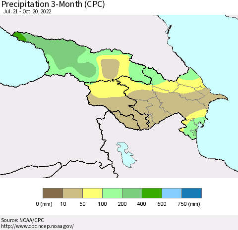 Azerbaijan, Armenia and Georgia Precipitation 3-Month (CPC) Thematic Map For 7/21/2022 - 10/20/2022