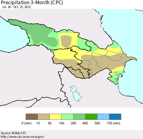 Azerbaijan, Armenia and Georgia Precipitation 3-Month (CPC) Thematic Map For 7/26/2022 - 10/25/2022