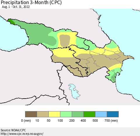 Azerbaijan, Armenia and Georgia Precipitation 3-Month (CPC) Thematic Map For 8/1/2022 - 10/31/2022
