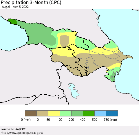 Azerbaijan, Armenia and Georgia Precipitation 3-Month (CPC) Thematic Map For 8/6/2022 - 11/5/2022